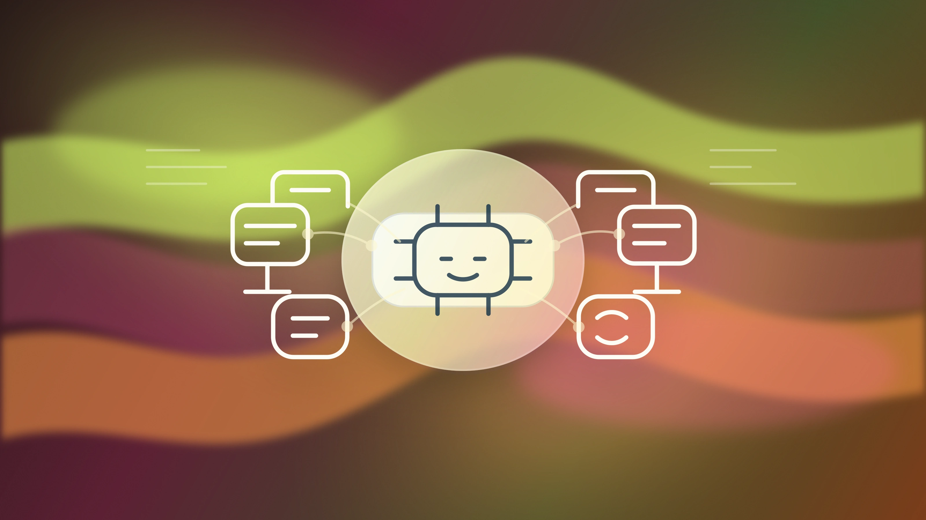 Abstract ruby and lime blog artwork showing a central AI agent hub connected to engineering, product, sales, and operations workflows.